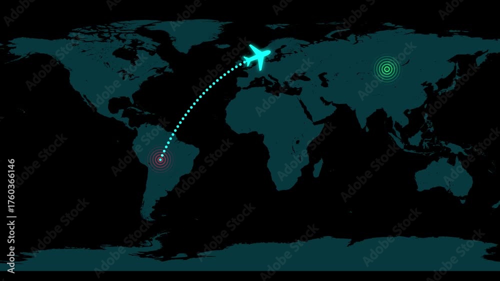 Plane flying on the world's map leaving a trail behind. Travel ...