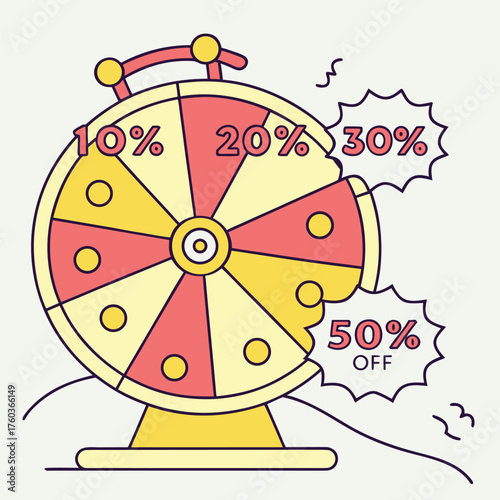 Illustration of a fortune wheel with percentage discounts like ten twenty thirty and fifty percent off offers