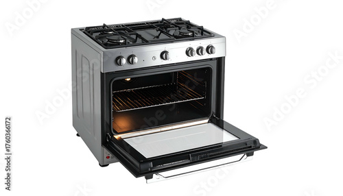 Silver stove with open oven door, illuminated interior