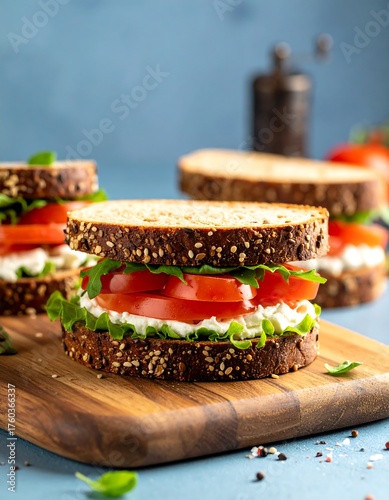 Several assembled sandwiches with fresh tomatoes, lettuce and a creamy spread