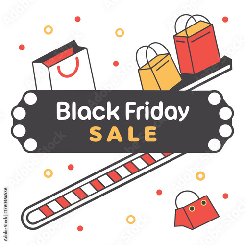 Black friday sale banner with shopping bags in red yellow and white colors with decorative elements around it