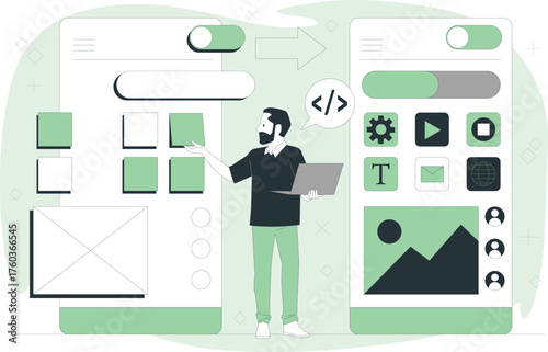 Mobile App UIUX Designer Working on Interface Layouts with Laptop and Icons Keywords: mobile app design, UIUX design, interface design, app development, wireframing, prototyping, user