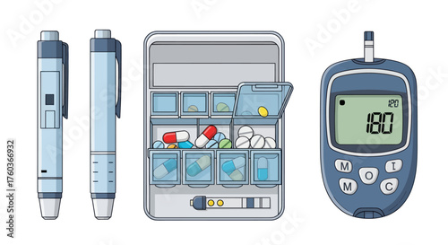 Medical supplies for diabetes management: insulin pens pill organizer and glucose meter.