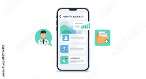 Smartphone displaying digital medical records app with doctor avatar and health data.
