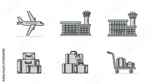 Line Art Air Travel Icons Set: Airplane Airport Terminal Luggage and Cart.