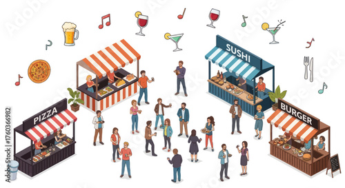 Isometric Food Market Scene with People Stalls and Beverages.