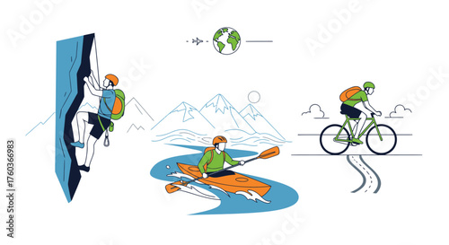 A set of modern illustrations depicting outdoor adventure sports: rock climbing kayaking and cycling.