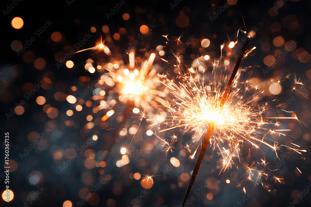 Obraz premium Sparkling celebration with glowing embers and bokeh lights creates a magical festive atmosphere perfect for holidays and special events.
