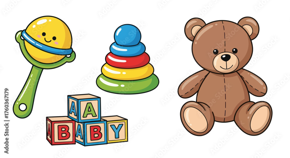 Fototapeta premium Colorful Cartoon Toys: Rattle Stacking Rings Blocks and Teddy Bear.