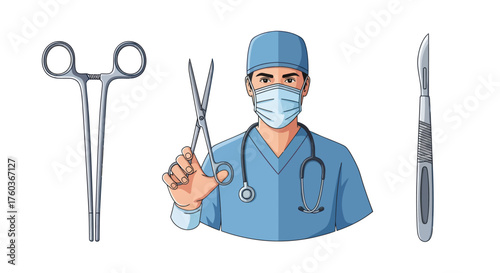 Professional Surgeon with Surgical Instruments: Forceps Scalpel and Clamp.