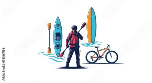 Man with paddle kayak surfboard and bicycle for outdoor adventure sports illustration.