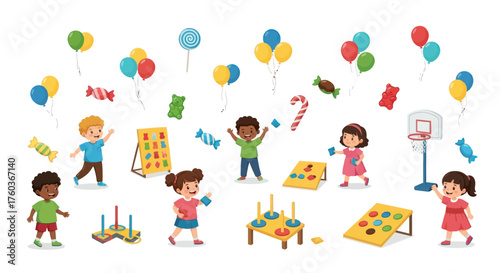Happy Diverse Children Playing Fun Carnival Games with Balloons and Candy.