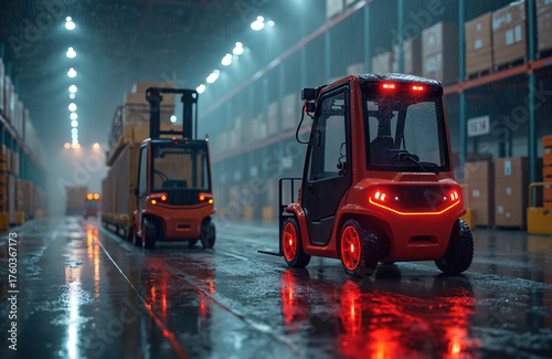 Autonomous electric forklifts operate inside modern warehouse during rain. AI powered vehicles transport packages. Smart robots perform logistics tasks. Industrial automation, supply chain