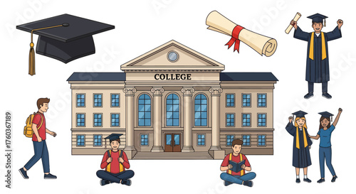 College Campus Scene with Students Graduation Cap Diploma and University Building.