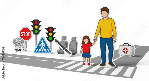 Father and Daughter Crossing Street with Safety Icons.