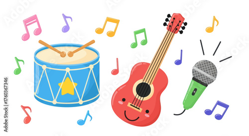 Colorful Cartoon Musical Instruments with Smiling Guitar and Microphone.