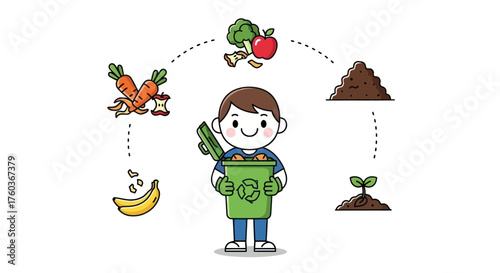 Cartoon Boy Composting Food Waste for Plant Growth Illustration.