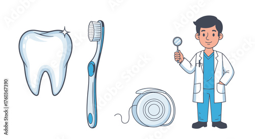 Cartoon Dentist Healthy Tooth Toothbrush and Dental Floss Illustration.