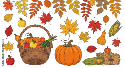 Vibrant Autumn Harvest Collection with Pumpkins Fall Leaves and Basket of Produce.