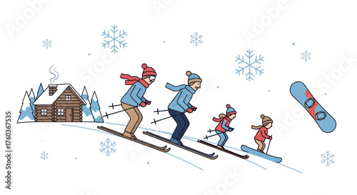 Family skiing and snowboarding down a snowy hill with a cabin.