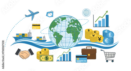 Global Trade and Business Illustration with Airplane Ship Globe Money and Handshake.