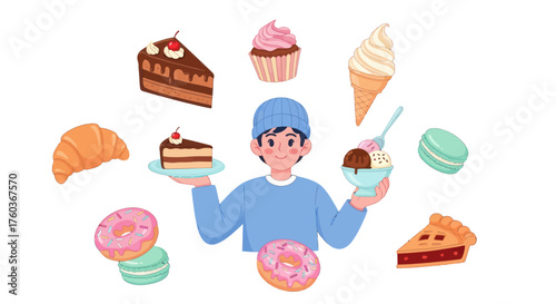 Cheerful person surrounded by a variety of delicious desserts and pastries.