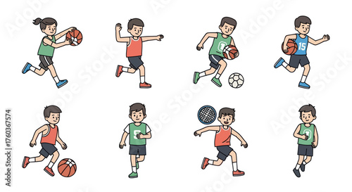 Diverse group of children engaged in various sports activities depicted in a playful cartoon style.