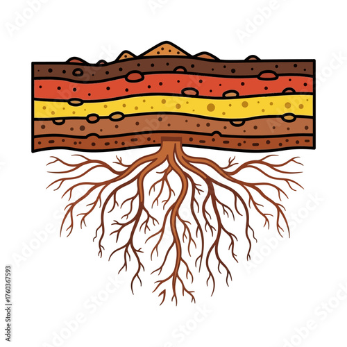 Cartoon Soil Layers with Root System Illustration Brown Yellow Orange.