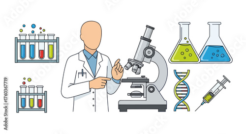 Scientific Illustration: Lab Coat Figure with Microscope Test Tubes and DNA Strand.