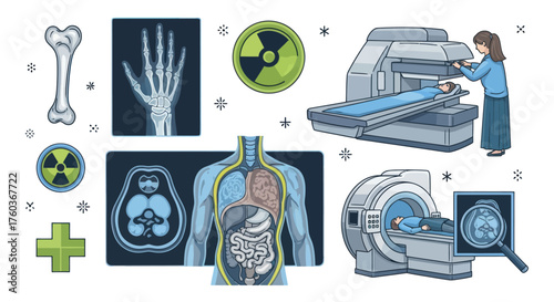 Medical Diagnostic Imaging Equipment and Human Anatomy Illustrations.