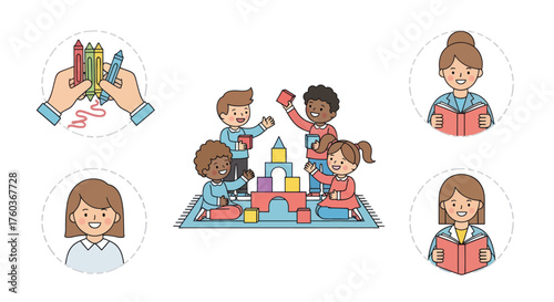 Children Playing with Blocks and Reading Books in a Playful Learning Environment.