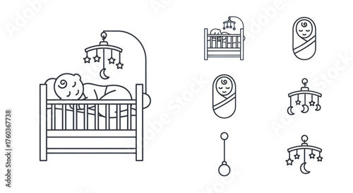 Baby and Nursery Line Art Icons Set: Sleeping Newborn in Crib with Mobile.