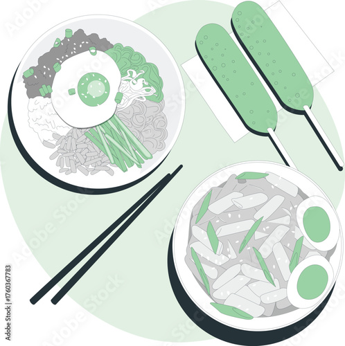 Korean Food Platter with Bibimbap, Corn Dogs, and Tteokbokki with Chopsticks Keywords: korean food, bibimbap, tteokbokki, corn dog, street food, asian cuisine, rice bowl, fried egg, noodles