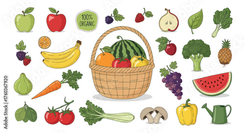 Colorful Cartoon Fruits and Vegetables Collection with Wicker Basket.
