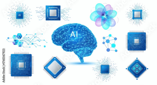 Futuristic AI Brain and Microchip Network Illustration.