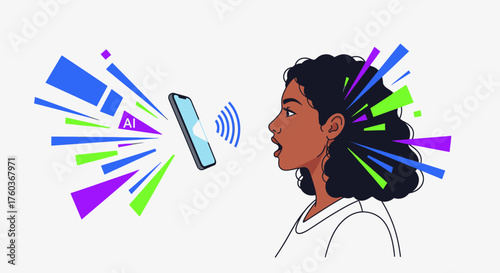 Illustration of a woman speaking into a smartphone with AI, surrounded by colorful abstract shapes.