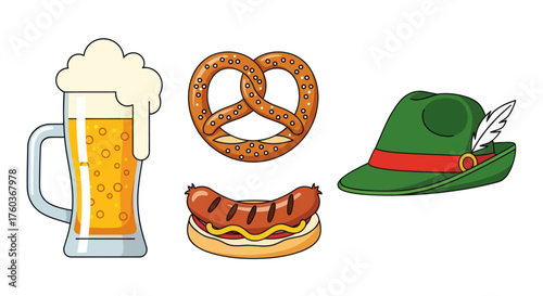 Oktoberfest Set: Beer Mug Pretzel Sausage and Traditional Bavarian Hat with Feather.