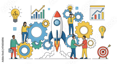 Business Startup Rocket Launch with Teamwork and Growth Concepts.