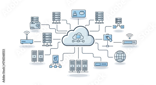 Cloud Computing Network Diagram with Connected Servers and Devices.