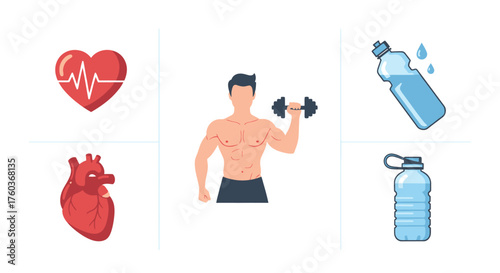 Health and Fitness Icons Set: Anatomical Heart ECG Man Lifting Weight Water Bottles.