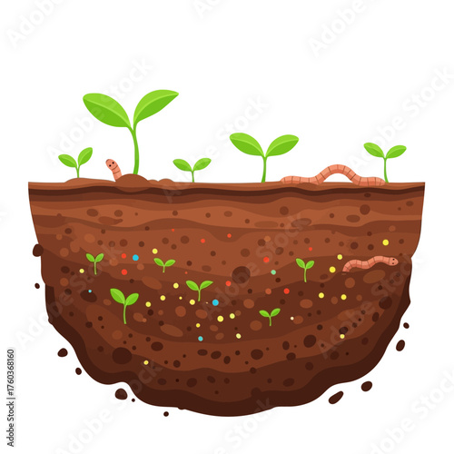 Soil CrossSection with Seedlings and Worms Cartoon Style Illustration.