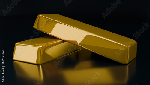 3d gold bars lie on a black glossy background on the theme of business accumulation