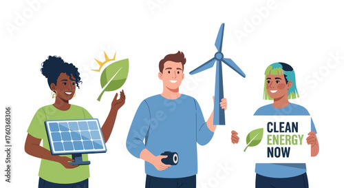 Diverse Group Promoting Clean Renewable Energy with Solar Panel and Wind Turbine.