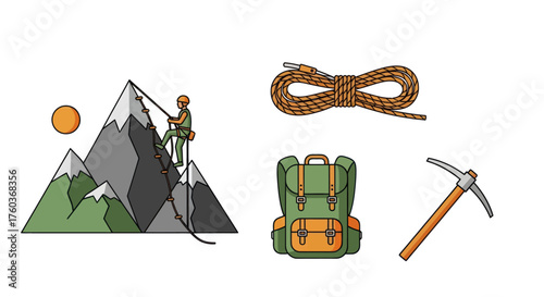 Colorful Illustration of Mountain Climber and Equipment Set.