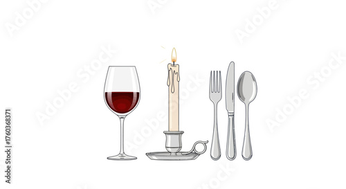 Elegant Dinner Setting with Wine Glass Candle and Silverware.