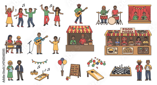 Diverse Group of People Enjoying Music Food and Games.