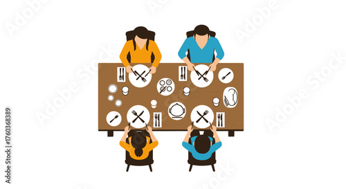Overhead view of four people seated at a rectangular dining table with place settings.