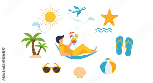 Relaxing person in hammock with tropical drink surrounded by beach vacation icons.