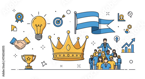 Business Success and Leadership Illustrated with Crown Flag and Team.
