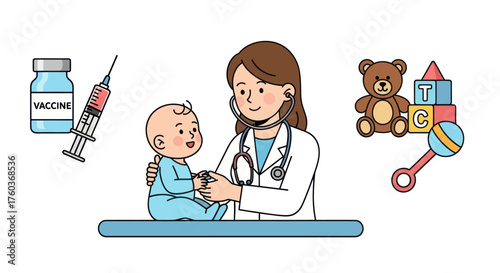 Friendly Pediatrician Doctor Examining Happy Baby with Vaccine and Toys Illustration.